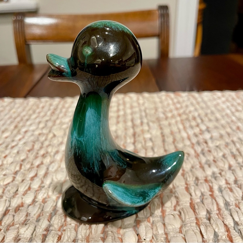 Blue Mountain Pottery Duck Figure Redware Green Black Drip Glaze Mid Century
